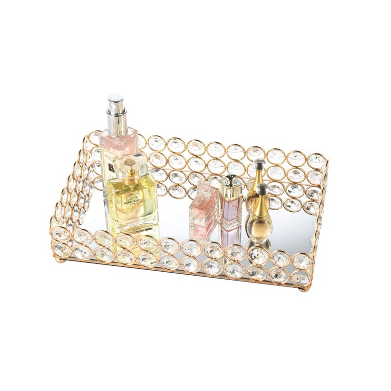 Feyarl 10 Inch Crystal Cosmetic Perfume Tray Vanity Makeup Jewelry Trinket Organizer Mirrored Decorative Tray Storage Home Deco Wedding Dresser Birthday Gift (Gold) - Image 1